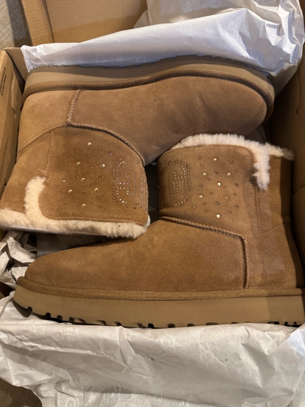 UGG Chestnut Suede Shearling Short Boots with Crystal Accent